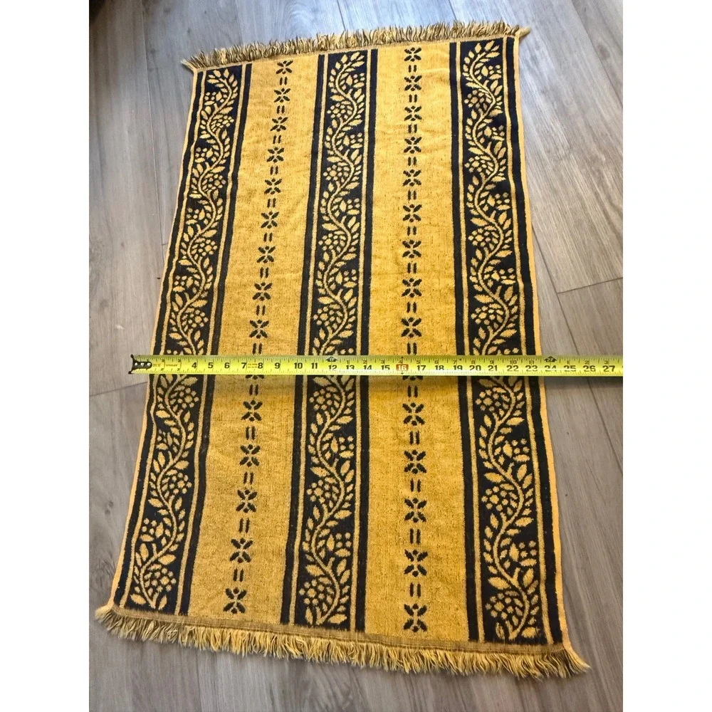 Vintage Martex Bath Towel Yellow Navy Blue Floral Reversible Fringe‎ 100% Cotton